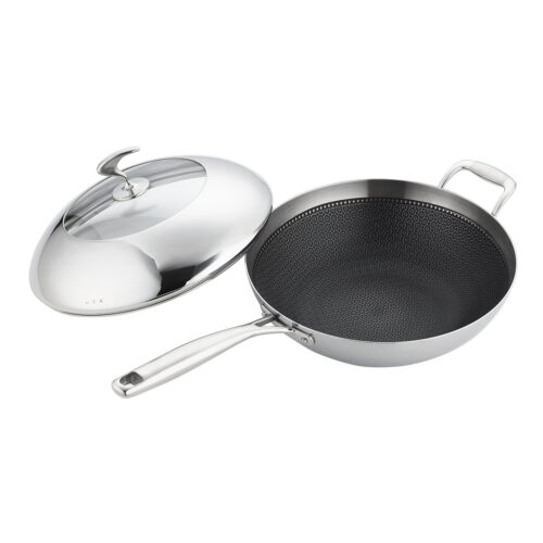 2x 18/10 Stainless Steel Fry Pan 32cm Frying Pan Top Grade Non Stick Interior Skillet with Helper Handle Lid - Image 3