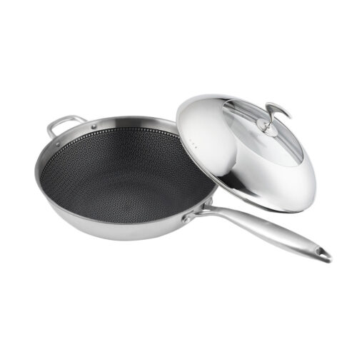 2x 18/10 Stainless Steel Fry Pan 32cm Frying Pan Top Grade Non Stick Interior Skillet with Helper Handle Lid - Image 5