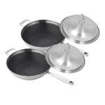2x 18/10 Stainless Steel Fry Pan 34cm Frying Pan Top Grade Textured Non Stick Interior Skillet with Helper Handle Lid