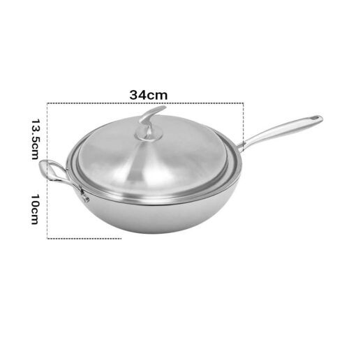 2x 18/10 Stainless Steel Fry Pan 34cm Frying Pan Top Grade Textured Non Stick Interior Skillet with Helper Handle Lid - Image 2