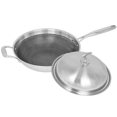 2x 18/10 Stainless Steel Fry Pan 34cm Frying Pan Top Grade Textured Non Stick Interior Skillet with Helper Handle Lid - Image 3