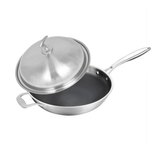 2x 18/10 Stainless Steel Fry Pan 34cm Frying Pan Top Grade Textured Non Stick Interior Skillet with Helper Handle Lid - Image 4