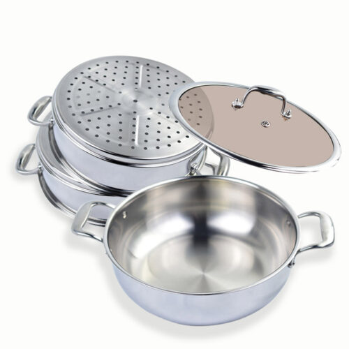 3 Tier 26cm Heavy Duty Stainless Steel Food Steamer Vegetable Pot Stackable Pan Insert with Glass Lid - Image 6