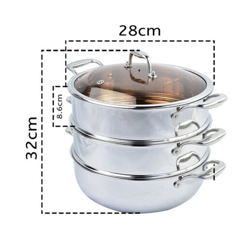 3 Tier 28cm Heavy Duty Stainless Steel Food Steamer Vegetable Pot Stackable Pan Insert with Glass Lid - Image 2