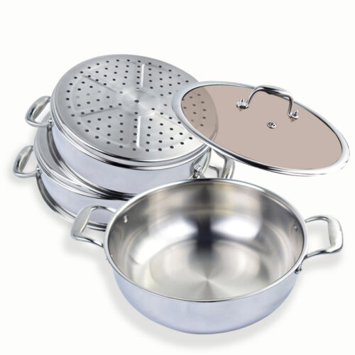 3 Tier 30cm Heavy Duty Stainless Steel Food Steamer Vegetable Pot Stackable Pan Insert with Glass Lid - Image 6