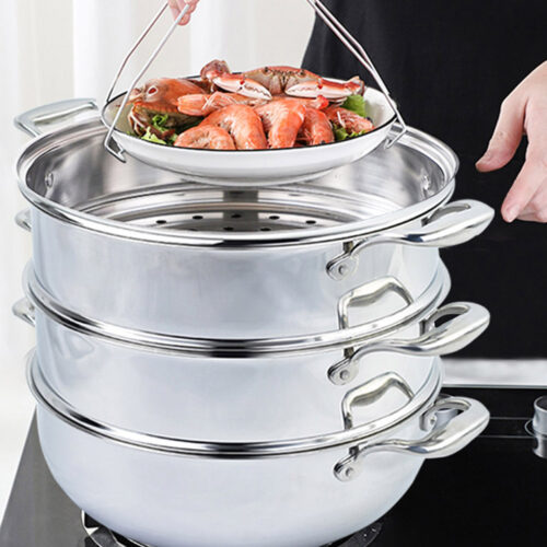 3 Tier 30cm Heavy Duty Stainless Steel Food Steamer Vegetable Pot Stackable Pan Insert with Glass Lid - Image 7