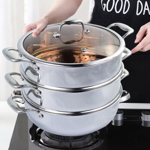 2x 3 Tier 26cm Heavy Duty Stainless Steel Food Steamer Vegetable Pot Stackable Pan Insert with Glass Lid - Image 8