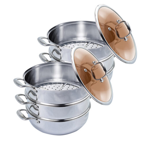 2x 3 Tier 30cm Heavy Duty Stainless Steel Food Steamer Vegetable Pot Stackable Pan Insert with Glass Lid