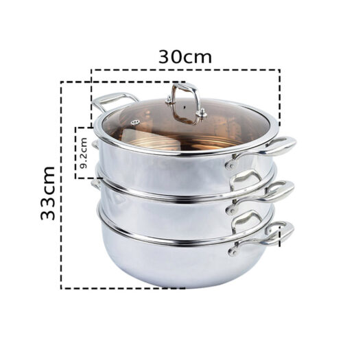 2x 3 Tier 30cm Heavy Duty Stainless Steel Food Steamer Vegetable Pot Stackable Pan Insert with Glass Lid - Image 2