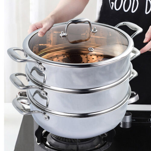 2x 3 Tier 30cm Heavy Duty Stainless Steel Food Steamer Vegetable Pot Stackable Pan Insert with Glass Lid - Image 8