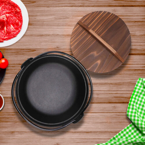25cm Cast Iron Japanese Sukiyaki Tetsu Nabe Shabu Hot Pot with Wooden Lid - Image 2