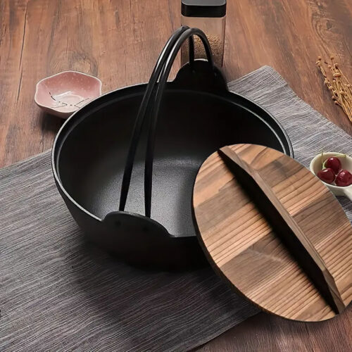 25cm Cast Iron Japanese Sukiyaki Tetsu Nabe Shabu Hot Pot with Wooden Lid - Image 3