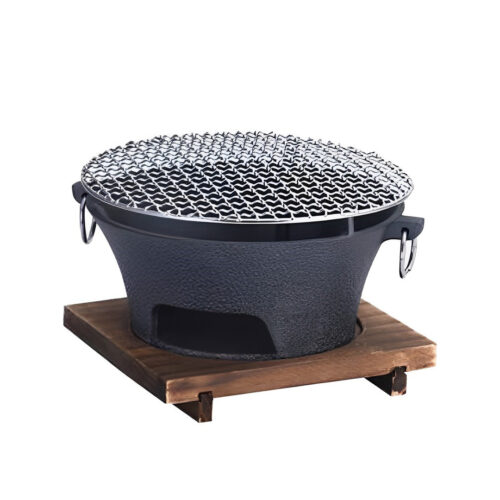 Small Cast Iron Round Stove Charcoal Table Net Grill Japanese BBQ Picnic Camping with Wooden Board