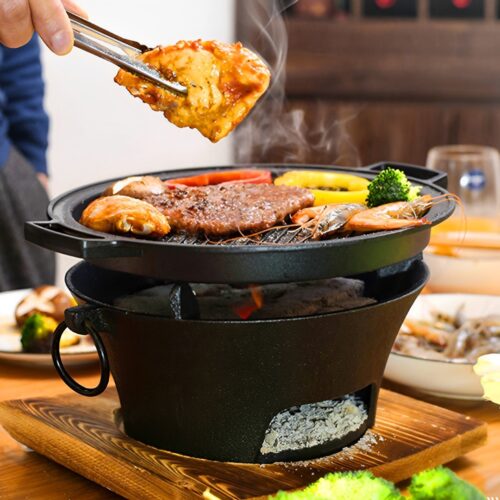 Small Cast Iron Round Stove Charcoal Table Net Grill Japanese BBQ Picnic Camping with Wooden Board - Image 5