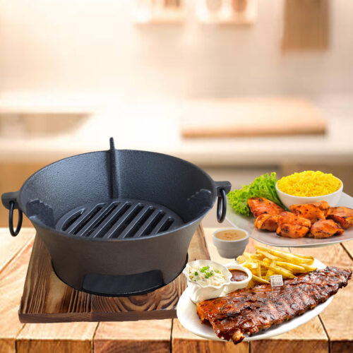 Medium Cast Iron Round Stove Charcoal Table Net Grill Japanese BBQ Picnic Camping with Wooden Board - Image 3