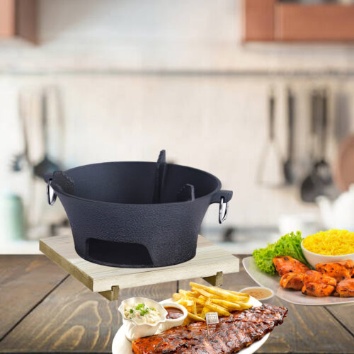 Large Cast Iron Round Stove Charcoal Table Net Grill Japanese BBQ Picnic Camping with Wooden Board - Image 2