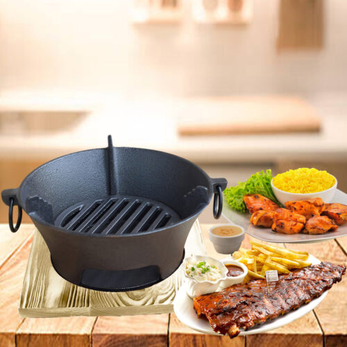 Large Cast Iron Round Stove Charcoal Table Net Grill Japanese BBQ Picnic Camping with Wooden Board - Image 3