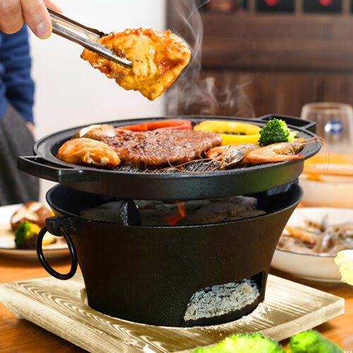 Large Cast Iron Round Stove Charcoal Table Net Grill Japanese BBQ Picnic Camping with Wooden Board - Image 5