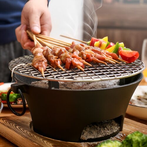 Large Cast Iron Round Stove Charcoal Table Net Grill Japanese BBQ Picnic Camping with Wooden Board - Image 8