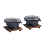 2x Small Cast Iron Round Stove Charcoal Table Net Grill Japanese BBQ Picnic Camping with Wooden Board