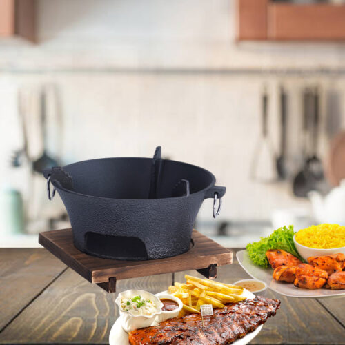 2x Small Cast Iron Round Stove Charcoal Table Net Grill Japanese BBQ Picnic Camping with Wooden Board - Image 2