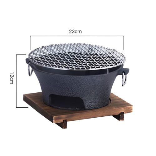 2x Medium Cast Iron Round Stove Charcoal Table Net Grill Japanese BBQ Picnic Camping with Wooden Board - Image 6