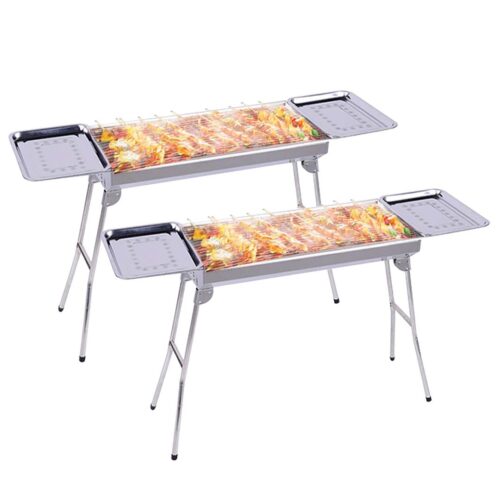2x Skewers Grill with Side Tray Portable Stainless Steel Charcoal BBQ Outdoor 6-8 Persons