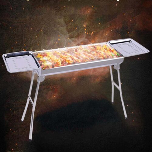 2x Skewers Grill with Side Tray Portable Stainless Steel Charcoal BBQ Outdoor 6-8 Persons - Image 2