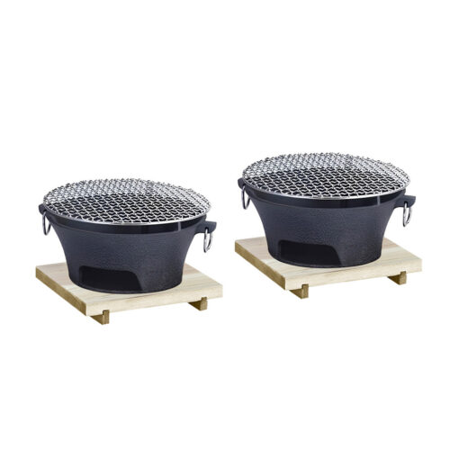 2x Large Cast Iron Round Stove Charcoal Table Net Grill Japanese BBQ Picnic Camping with Wooden Board