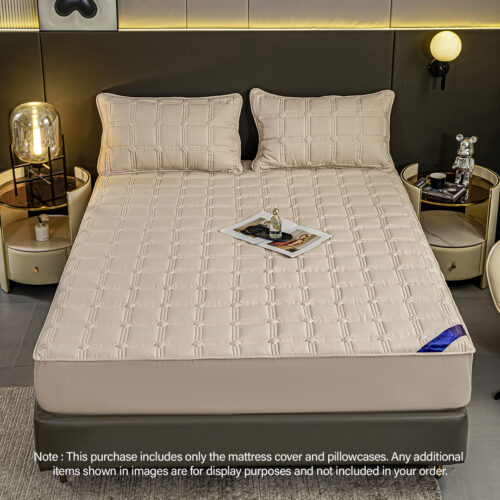 Beige 153cm Wide Mattress Cover Thick Quilted Stretchable Bed Spread Sheet Protector with Pillow Covers - Image 2
