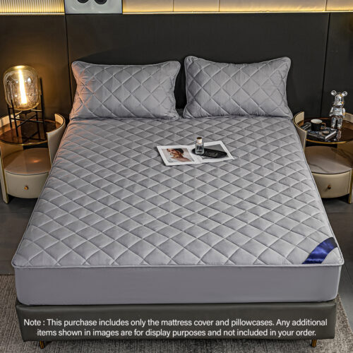Grey 183cm Wide Mattress Cover Thick Quilted Stretchable Bed Spread Sheet Protector with Pillow Covers - Image 2