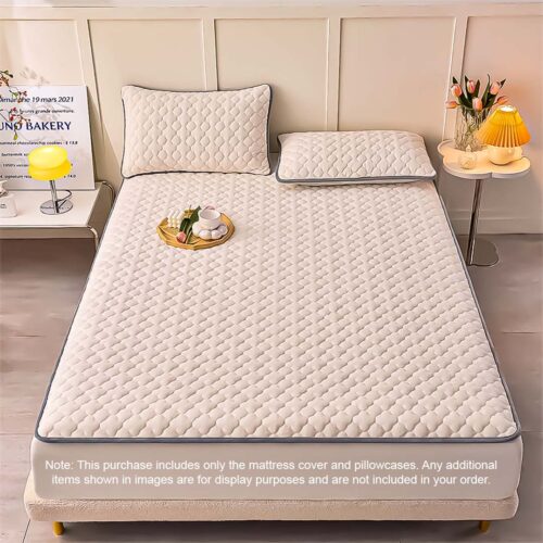 Beige 138cm Wide Mattress Cover Thick Quilted Fleece Stretchable Clover Bed Spread Sheet Protector with Pillow Covers - Image 2