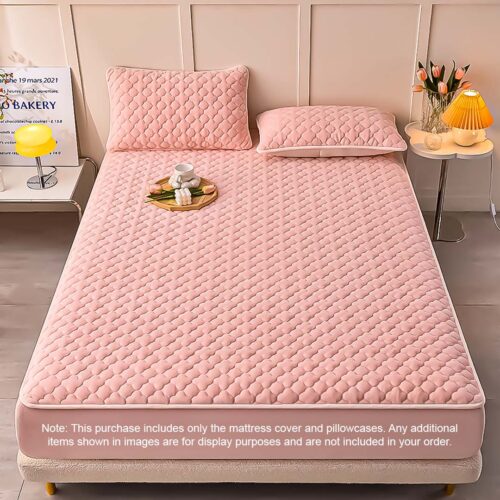 Pink 153cm Wide Mattress Cover Thick Quilted Fleece Stretchable Clover Bed Spread Sheet Protector with Pillow Covers - Image 2