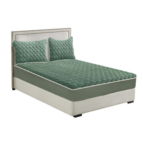 Green 183cm Wide Mattress Cover Thick Quilted Fleece Stretchable Clover Bed Spread Sheet Protector with Pillow Covers