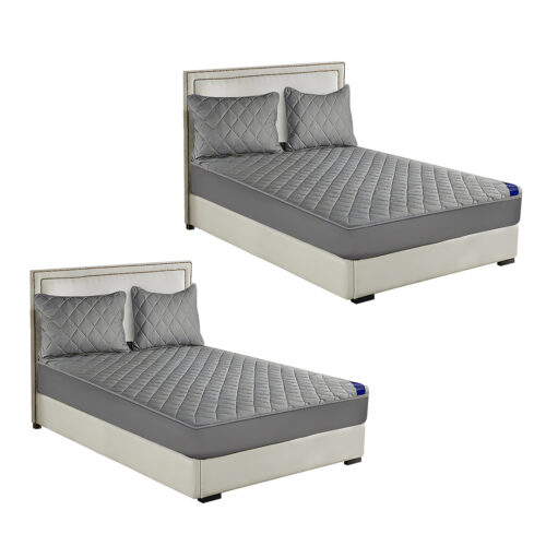 2x Grey 138cm Wide Mattress Cover Thick Quilted Stretchable Bed Spread Sheet Protector with Pillow Covers