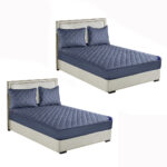 2x Blue 138cm Wide Mattress Cover Thick Quilted Stretchable Bed Spread Sheet Protector with Pillow Covers