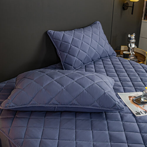 2x Blue 138cm Wide Mattress Cover Thick Quilted Stretchable Bed Spread Sheet Protector with Pillow Covers - Image 3