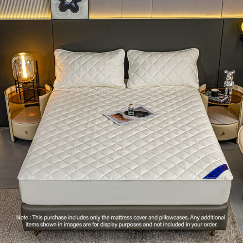 2x White 138cm Wide Mattress Cover Thick Quilted Stretchable Bed Spread Sheet Protector with Pillow Covers - Image 2