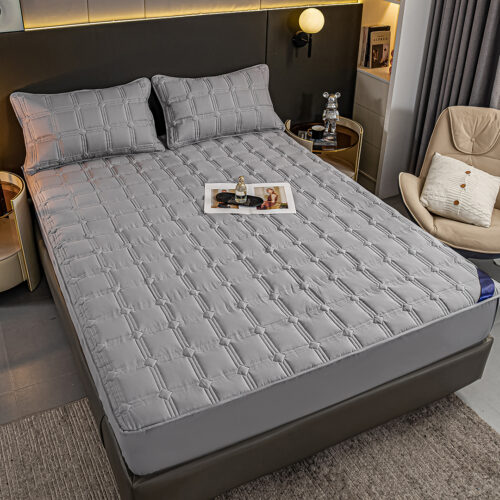 2x Grey 153cm Wide Mattress Cover Thick Quilted Stretchable Bed Spread Sheet Protector with Pillow Covers - Image 3