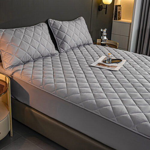 2x Grey 153cm Wide Mattress Cover Thick Quilted Stretchable Bed Spread Sheet Protector with Pillow Covers - Image 3
