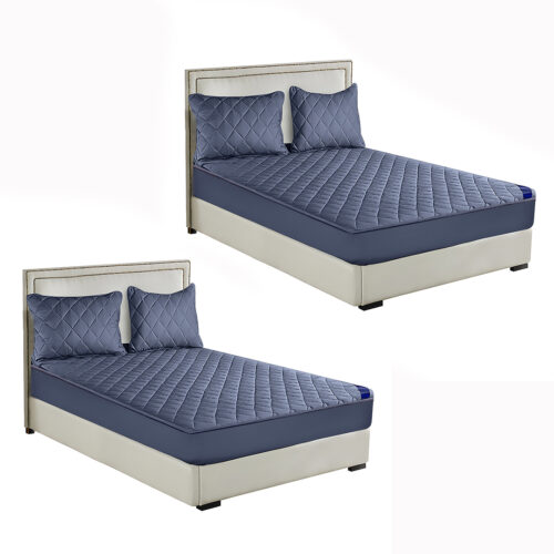 2x Blue 153cm Wide Mattress Cover Thick Quilted Stretchable Bed Spread Sheet Protector with Pillow Covers