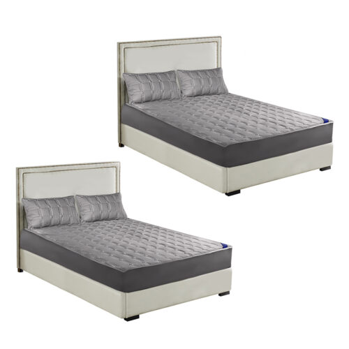 2x Grey 183cm Wide Mattress Cover Thick Quilted Stretchable Bed Spread Sheet Protector with Pillow Covers