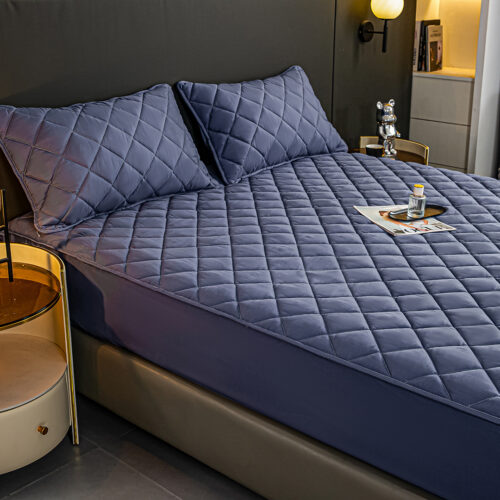 2x Blue 183cm Wide Mattress Cover Thick Quilted Stretchable Bed Spread Sheet Protector with Pillow Covers - Image 2