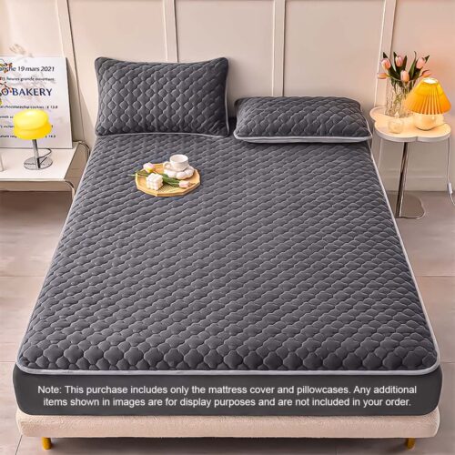 2x Grey 138cm Wide Mattress Cover Thick Quilted Fleece Stretchable Clover Bed Spread Sheet Protector with Pillow Covers - Image 2