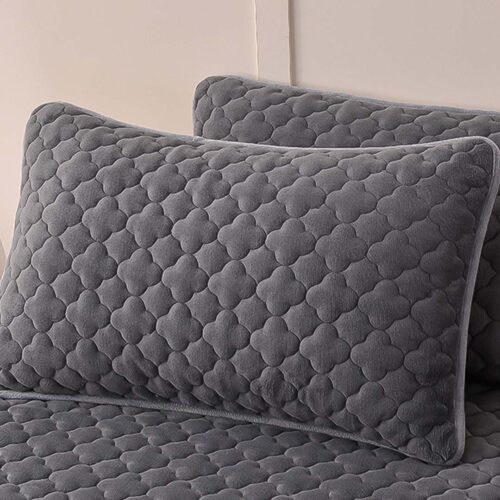 2x Grey 138cm Wide Mattress Cover Thick Quilted Fleece Stretchable Clover Bed Spread Sheet Protector with Pillow Covers - Image 10