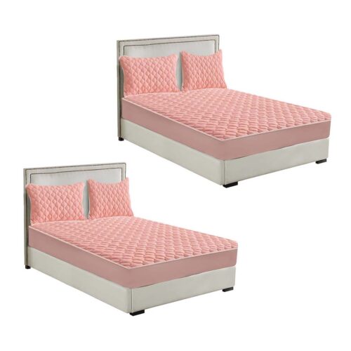 2x Pink 153cm Wide Mattress Cover Thick Quilted Fleece Stretchable Clover Bed Spread Sheet Protector with Pillow Covers
