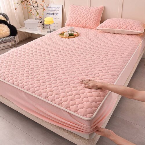 2x Pink 153cm Wide Mattress Cover Thick Quilted Fleece Stretchable Clover Bed Spread Sheet Protector with Pillow Covers - Image 3