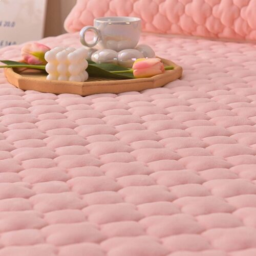 2x Pink 153cm Wide Mattress Cover Thick Quilted Fleece Stretchable Clover Bed Spread Sheet Protector with Pillow Covers - Image 4