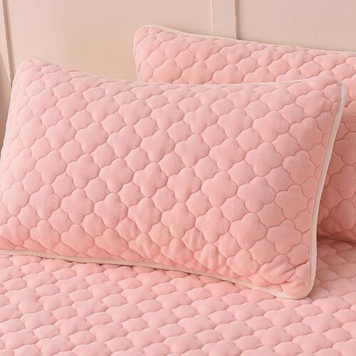 2x Pink 153cm Wide Mattress Cover Thick Quilted Fleece Stretchable Clover Bed Spread Sheet Protector with Pillow Covers - Image 10