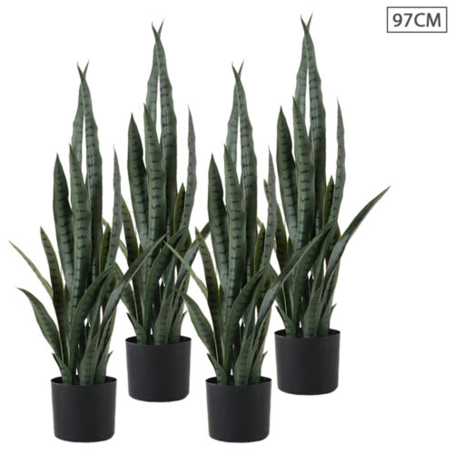 4x 97cm Sansevieria Snake Artificial Plants with Black Plastic Planter Greenery Decor